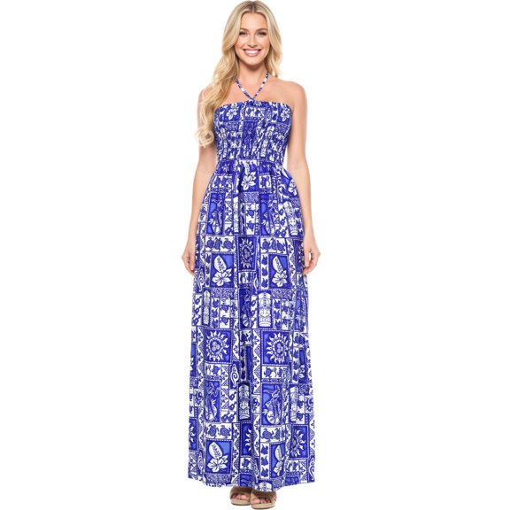 HAPPY BAY Women's Beach Summer A-Line Maxi Smocked Top Slit Dress Long Casual Strapless Tube Dresses for Women One Size Cobalt, Tropical