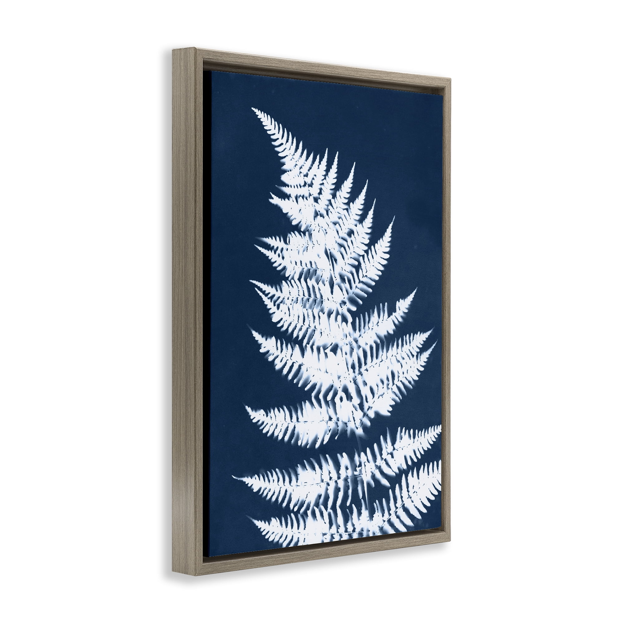 Stupell Industries Blue & White Fern Botanical & Floral Painting Brown Floater Framed Art Print Wall Art, 21 x 31