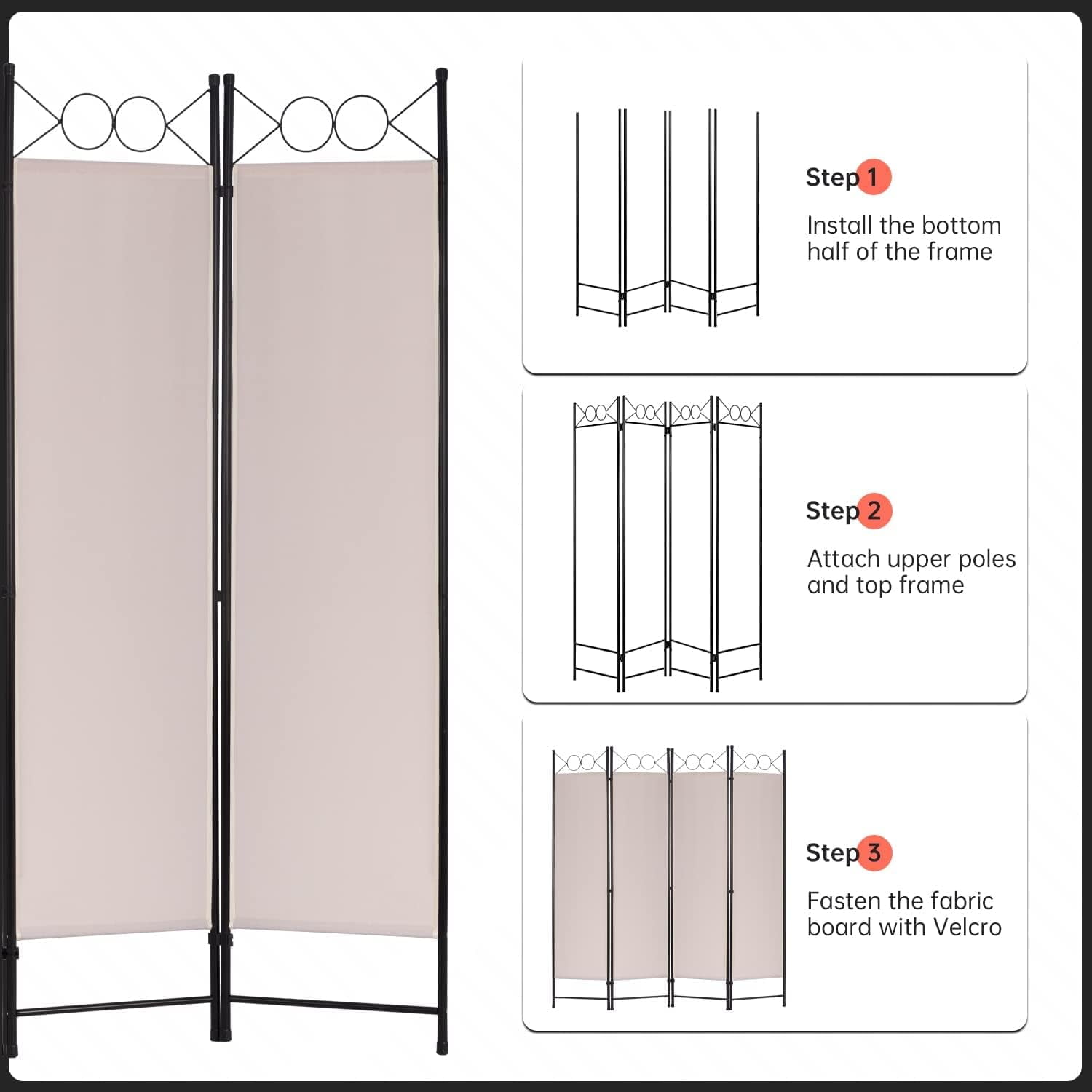 YRLLENSDAN 4 Panel Room Divider 6FT Steel Frame Screen Folding Privacy Divider Freestanding Partition for Home Office Bedroom (Tan)