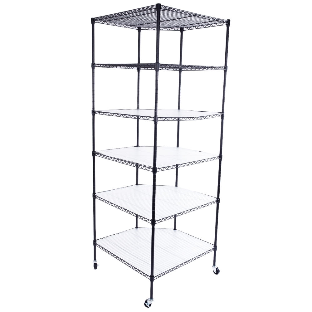 Kepooman 6 Tiers Plastic Coated Polygonal Corner Shelving with Wheels, Black Kepooman 6 Tiers Plastic Coated Polygonal Corner Shelving with Wheels, Black
