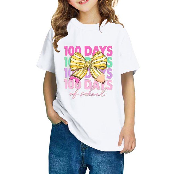 Xihbxyly Camiseta para Niño, Linda Camiseta con Mangas Abullonadas, Estampado "100 Días de Colegio", Tela Suave y Transpirable, Estilo Informal de Verano, Ideal para Ir de Fiesta o de Viaje, Elegante
