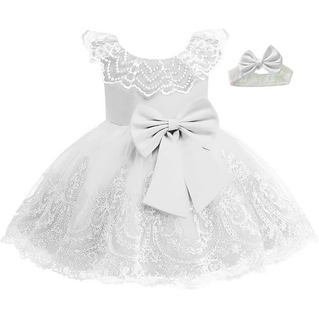 

Baby Girls Flower Pageant Lace Dress Wedding Bowknot Gown with Headwear 0-6T