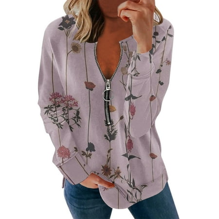 

Women Fashion Casual Flowers Pringting Zipper Long Sleeves Casual Blouse T Shirts Top Casual Tops Women Summer Shirts Comfy Women Short Sleeve Scrub Jackets Short Pack Work Out Shirt Long Sleeve