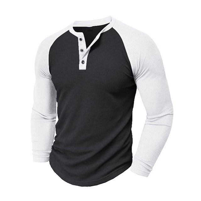 Blusas y camisas de manga larga y cuello redondo para hombre, blusas casuales de color liso con botones y cuello redondo, blusas de poliéster para hombre