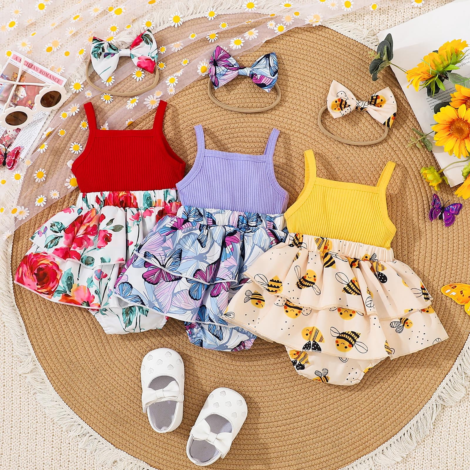 CAICJ98 Baby Girl Summer Clothes Flower Romper Dress Sleeveless Birthday Party Tiered Dress with Headband Infant Outfits (Red,0-3 Months)