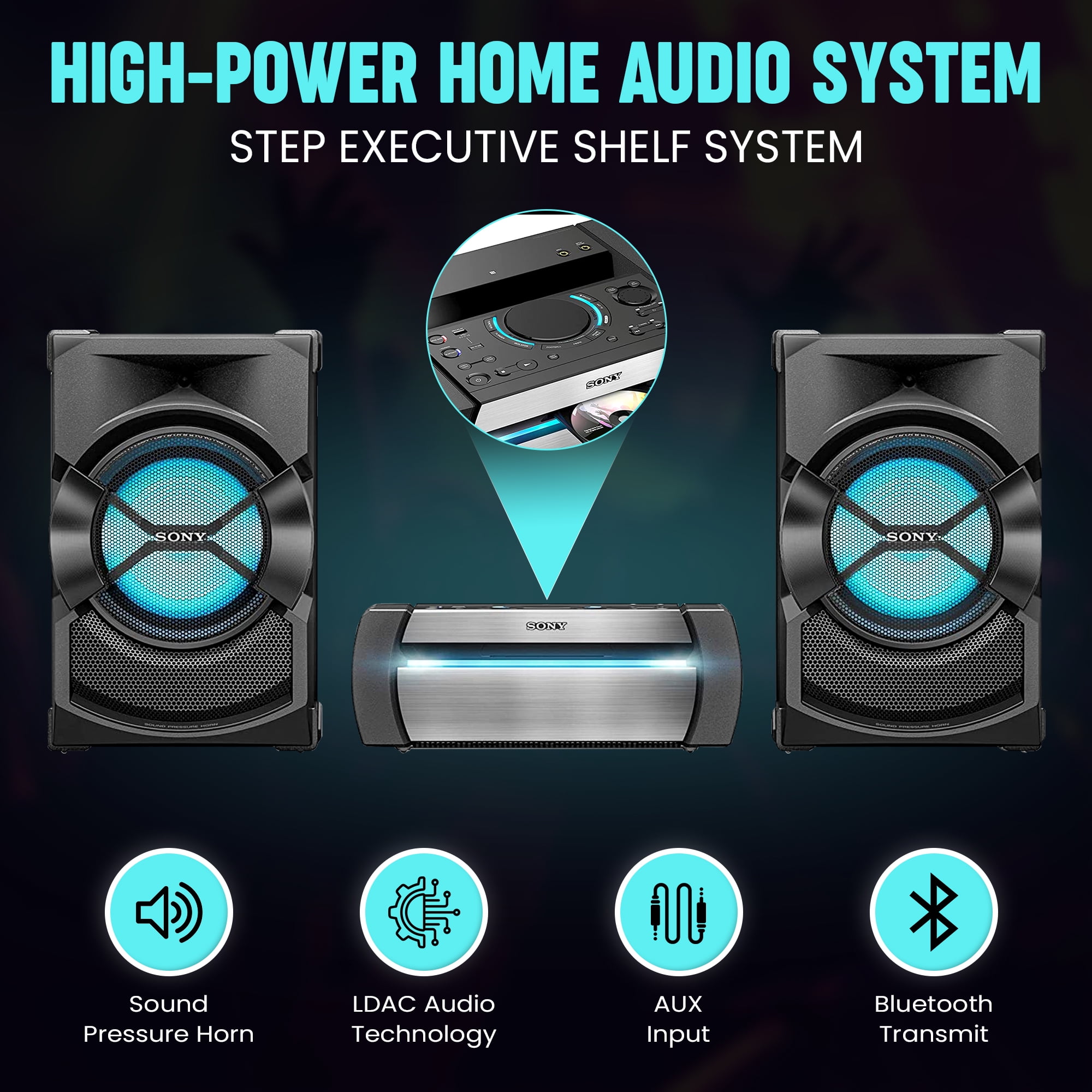 Sony Home Stereo System with Bluetooth, Powerful Bass, LED Lights, Karaoke, Stereo Shelf Systems with DVD Player, USB, FM Radio, CD Player with Speakers - Stereo System for Home