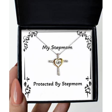 amangny Cheap Stepmom Gifts, Protected by Stepmom, Sarcastic Cross Dancing Necklace for Mother from Daughter