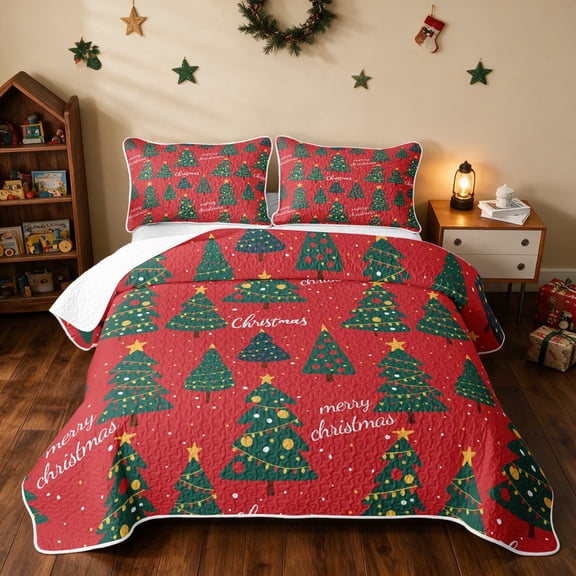 Manfei Christmas Tree Twin Quilt Set Green Twin Coverlet Set, Yellow Red 2-Piece 1 Bedspread and 1 Pillowcase