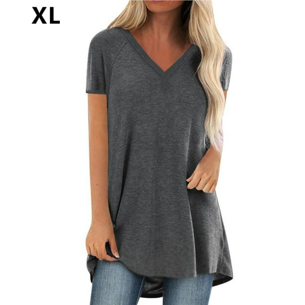 Camiseta casual con cuello en V superior para mujer, tela de verano suelta de lino de algodón, gris, XL Scienceny AP001830-20