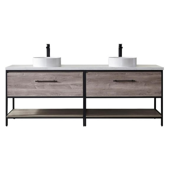 Vinnova Murica 84" White Top and Vessel Sink Double Vanity Mexican Oak No Mirror