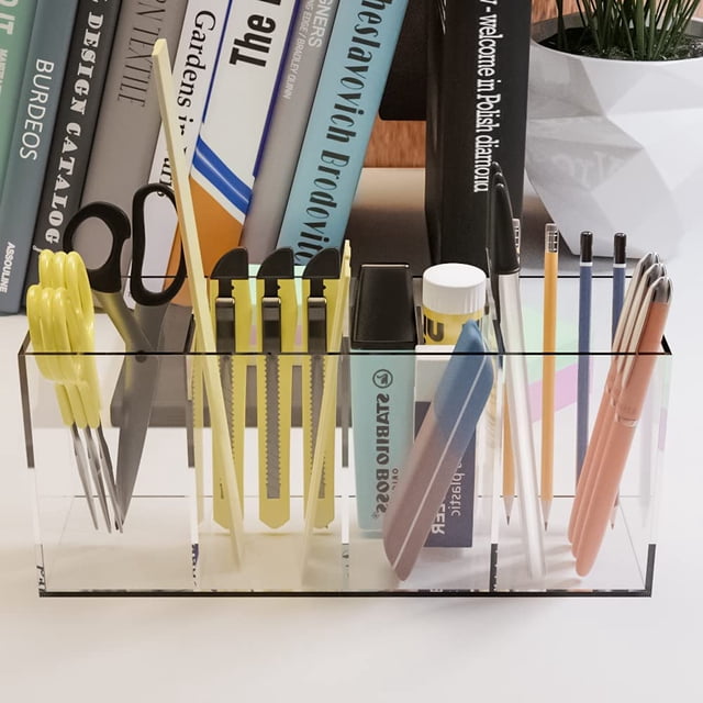 Organizador de lápices y bolígrafos de acrílico transparente, almacenamiento de escritorio de 4 compartimentos para artículos de papelería, pinceles de maquillaje y artículos de tocador,