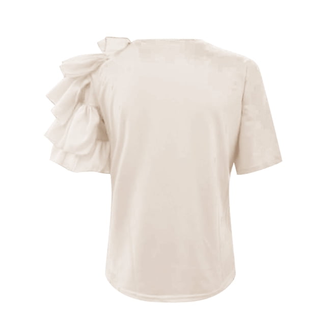 Women T Shirt Solid Color Fashion Ruffles Short Sleeve Versatile Crewneck Shirt In Stock Oversized Tshirts Beige L