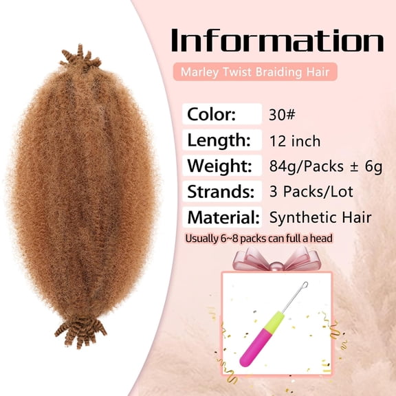 WEIF-3 Packs Springy Afro Twist Hair 12 Inch Marley Twist Braiding Hair Pre-Fluffed For Soft Locs For Women(30#）