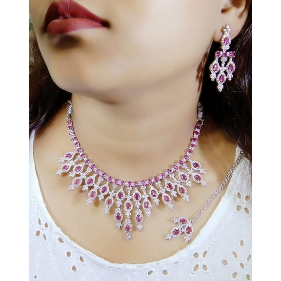 Indian Bollywood Bridal Set Silver Plated Jewelry Earrings CZ Ethnic AD Ruby Necklace