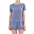 thumbnail image 3 of Women's Two Piece Athletic Sets Short Sleeve Tops Shorts Tracksuits Fashion Summer Solid Color Loose Sport Suits (Blue M), 3 of 3