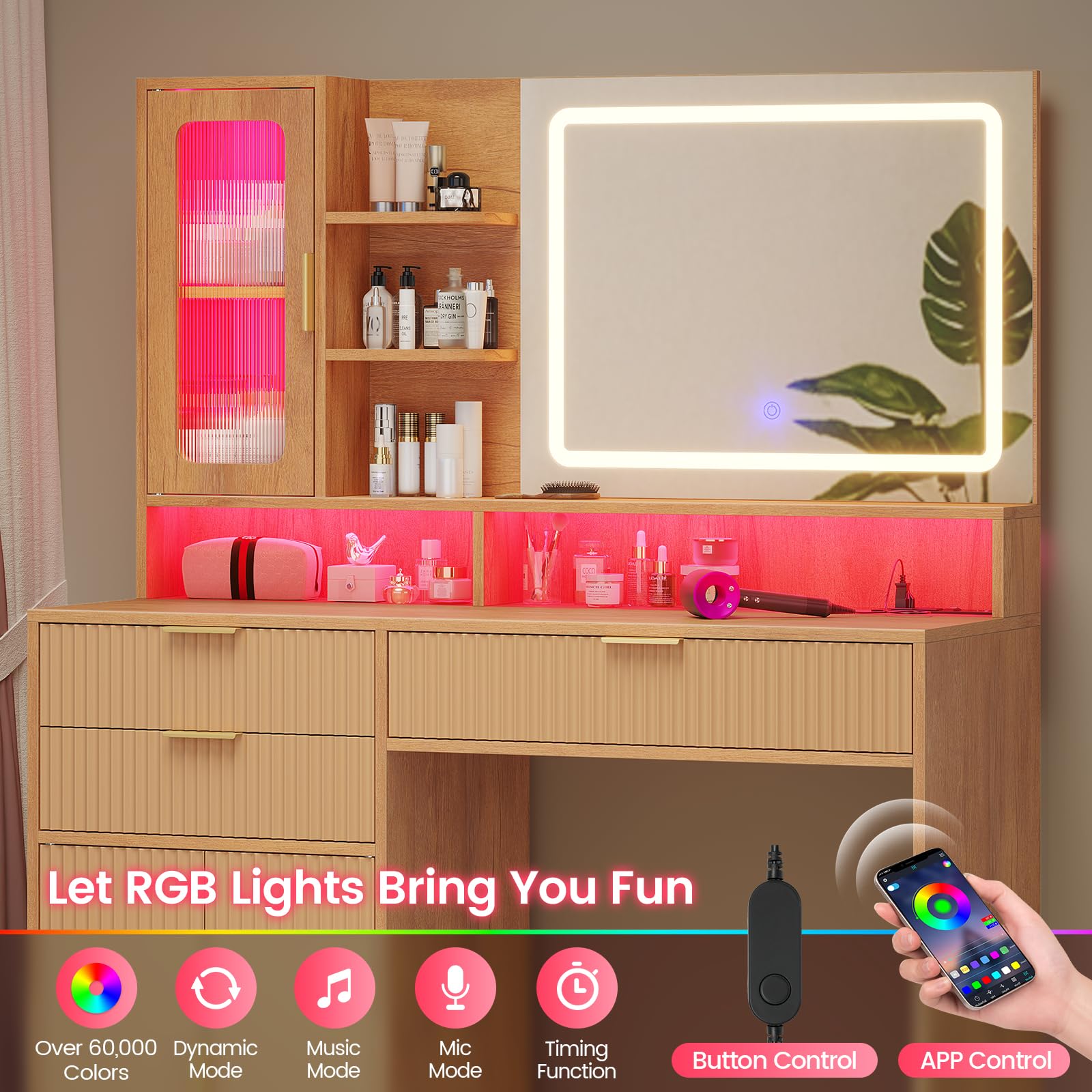 Fluted Makeup Vanity Desk with Touch Screen Mirror and Lights, Wood Vanity Table with Charging Station & LED Lights, with 3 Drawers & Cabinet & Shelves, Oak