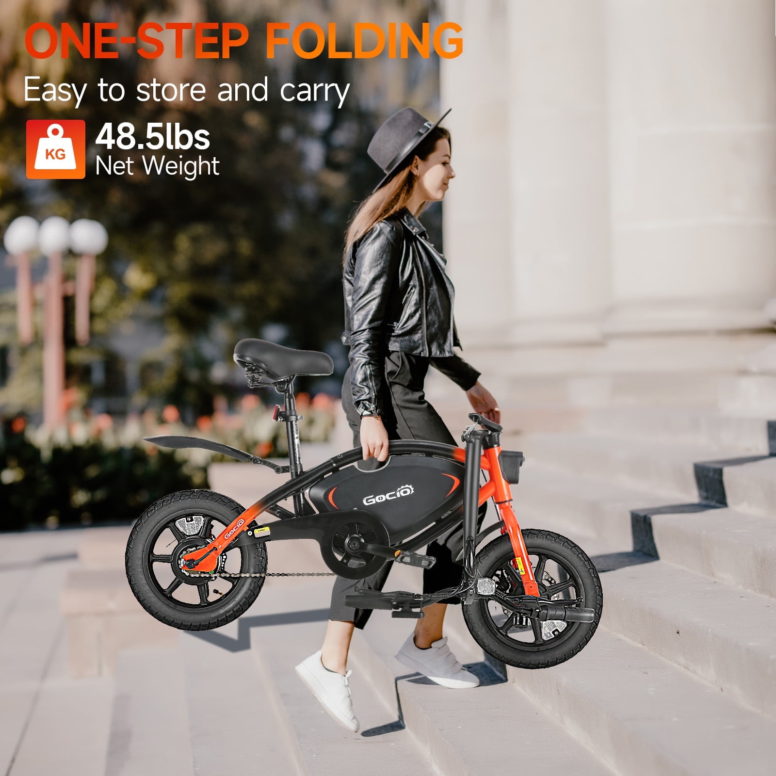 Gocio 14" Foldable Electric Bike, 375Wh 48V Electric Bicycles for Adults Women Teens, Peak 500W City Commuter Cruiser Ebikes, LED Display, E bike One-Piece Tire with 5 Riding Modes UL2849 Certified