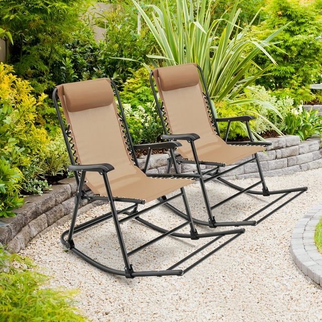 Gymax 2PCS Patio Folding Rocking Chair Outdoor Portable Lounge Rocker Beige