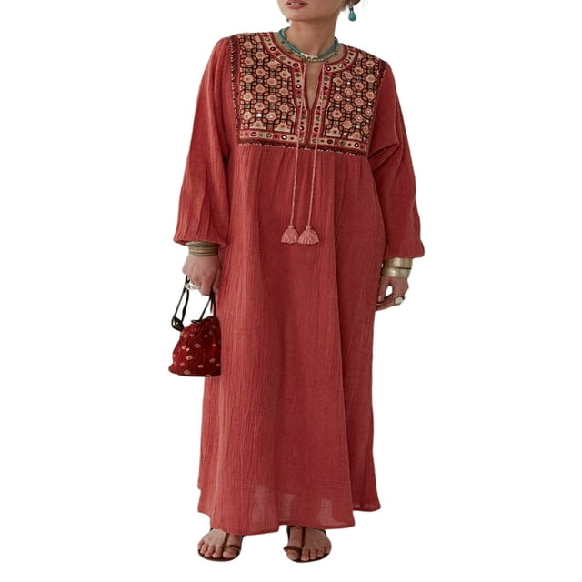 Robe Femme à Manches Longues Décontractée à Broderie Florale Ample Robe de Soirée