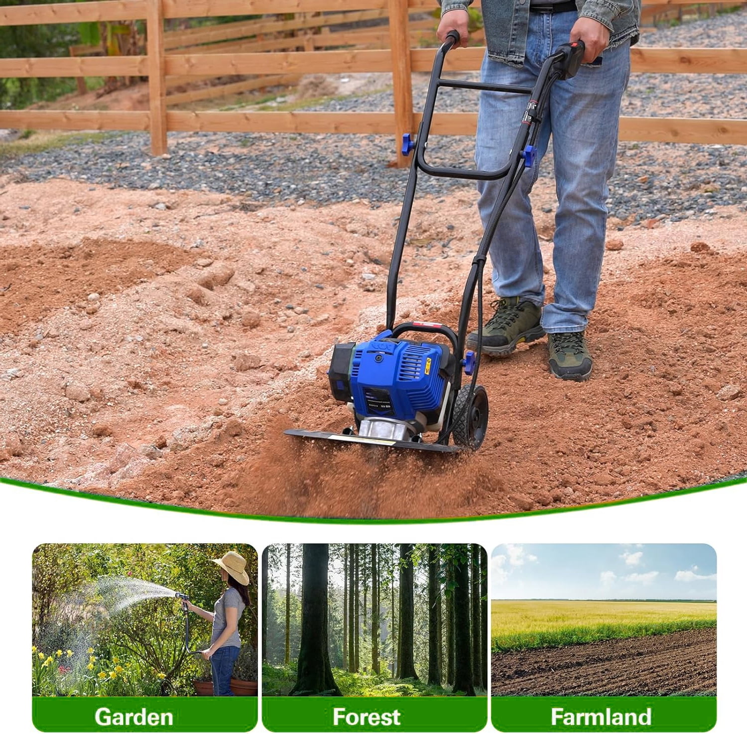 ANLIBATT 46cc 1.9HP 16-Inches Gas Tiller 8" Tilling Depth Easy Start Adjustable Wheels Foldable Heavy Duty Cultivator Rototiller for Garden Soil