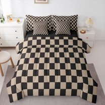 Castle Fairy Geometric Grid Plaid Bedding Comforter Set 7-Piece for Kids Children Teens,Vintage Aesthetic King Bedding Sets,Black Brown Ultra Soft Bed Sheets,Microfiber Bedroom Decor,Reversible