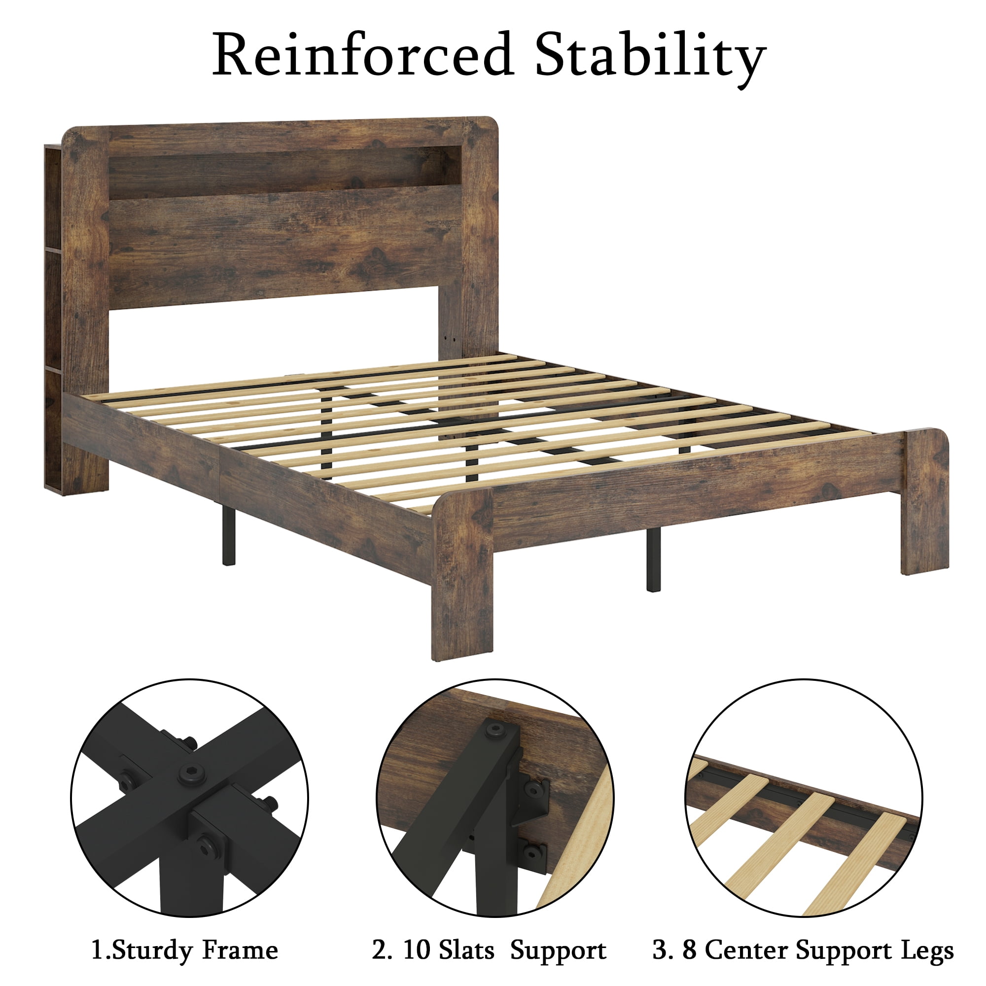 Gewnee King Size Wood Platform Bed Frame with LED Storage Headboard, No Box Spring Needed, Dark Brown