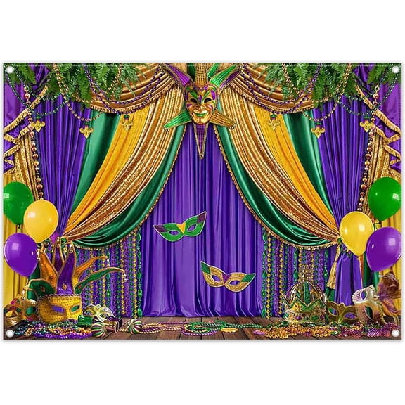 7x5FT Mardi Gras Backdrop Carnival Masquerade Purple Green Gold Beads Mask Colorful Photography Background Holiday Fiesta Party Decorations Banner Supplies Photo Booth Props