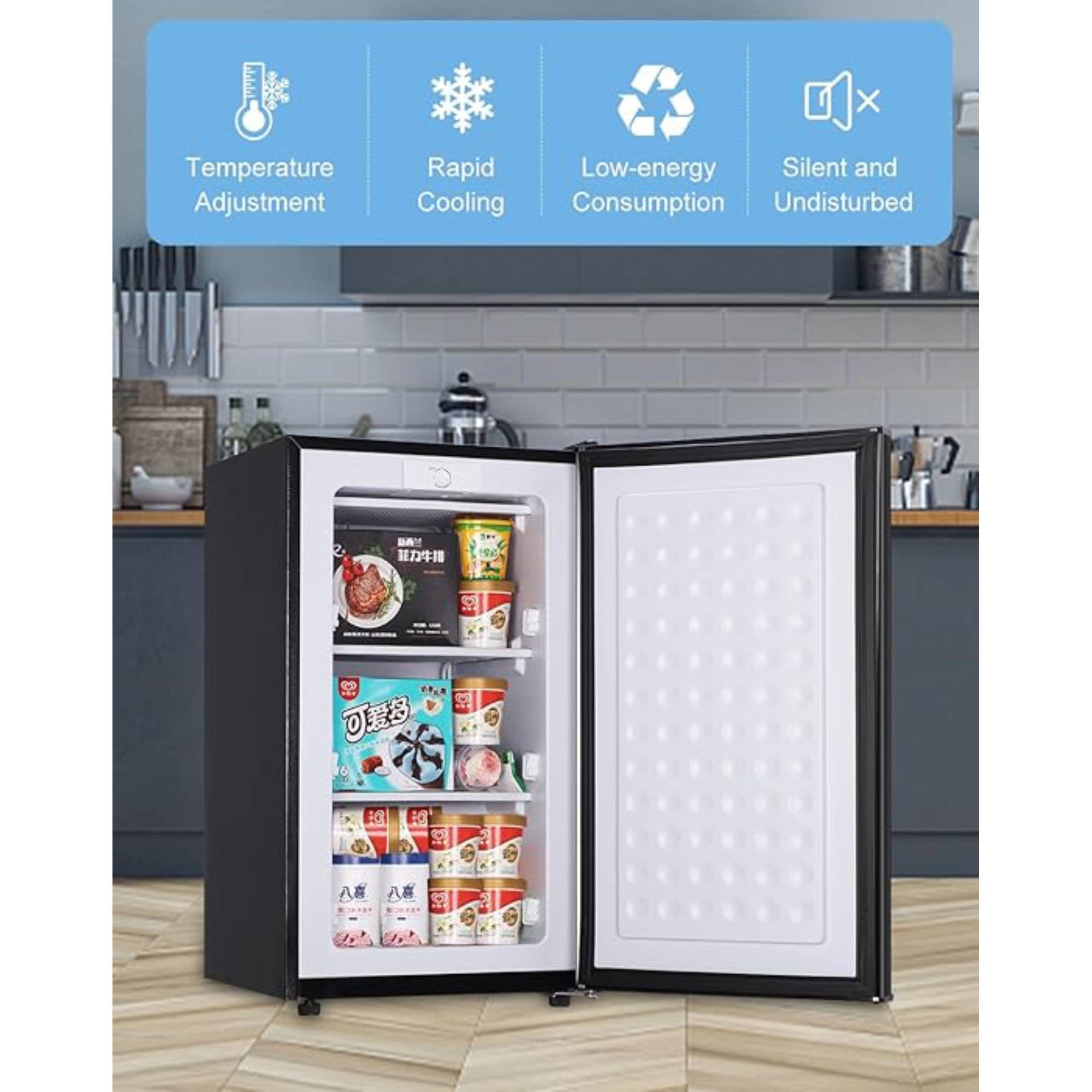 3.2 Cu.Ft Upright Freezer, Single Door Mini Freezer ,Adjustable Thermostat, Compact Refrigerator for Bedroom, Dorm, Black