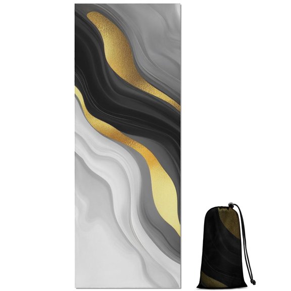 Black White Gold Wave Marble Hot Yoga Mat Towel Non Slip for Hot Yoga - Quick-Drying Yoga Mat Cover with 4 Corner Pockets with Travel Bag - Hot Yoga Towel Non Slip Grip Moisture Wicking Sweat 70"x26"