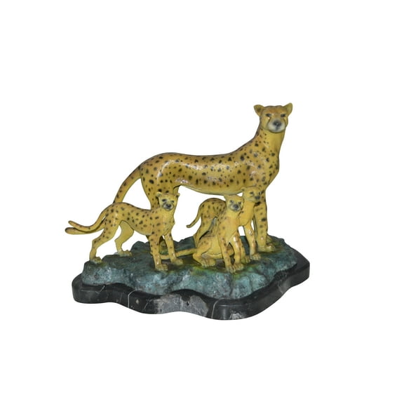 Nifao Cheetah Family Bronze Statue on Marble – Home Decor Sculpture, 24"L x 14"W x 18"H
