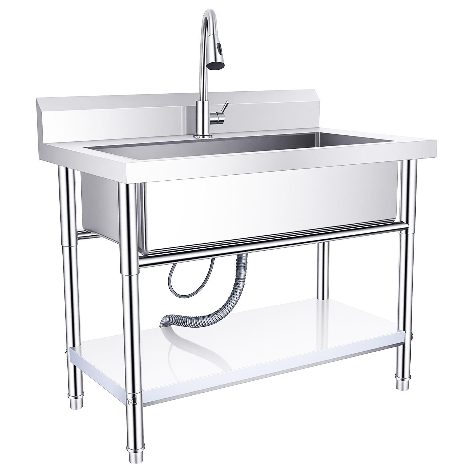Free Standing Sink, Commercial Sink, Freestanding Utility Sink with Hot & Cold Water Pipes and pull-out Faucet, Stainless Steel Indoor and Outdoor Sink for Backyard Cleaning Station