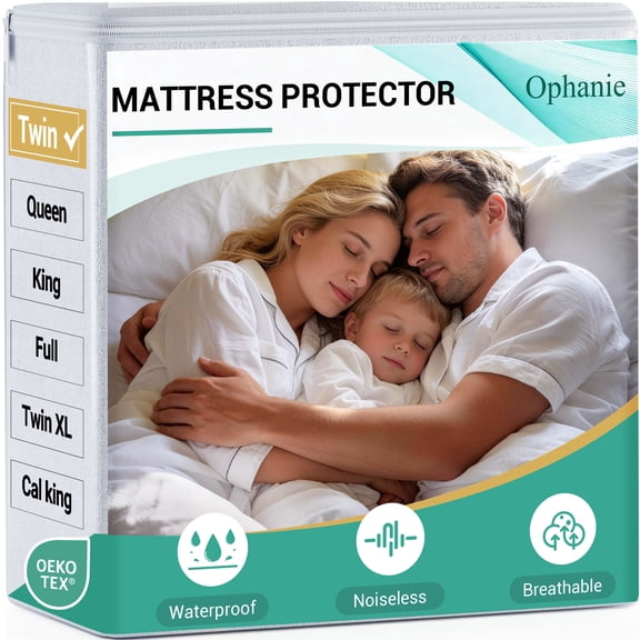 Ophanie Twin Size Fitted Mattress Protector, Waterproof, Breathable, Noiseless Bed Cover, 6"-14" Deep Pocket, White, for Home, Dorms, and Hotels
