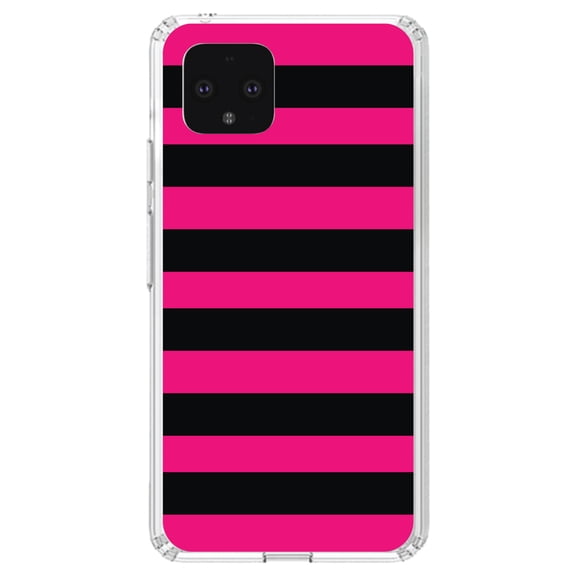 DistinctInk Clear Shockproof Hybrid Case for Google Pixel 4 XL (6.3" Screen) - TPU Bumper, Acrylic Back, Tempered Glass Screen Protector - Black & Pink Bold Horizontal Stripes