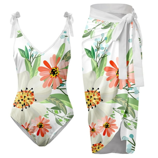 Gibobby Trajes de Bano Mujer Completo Traje de bano con estampado de flores y cuello en V para mujer Conjuntos de bikini con falda y delantal Verde G Walmart en linea