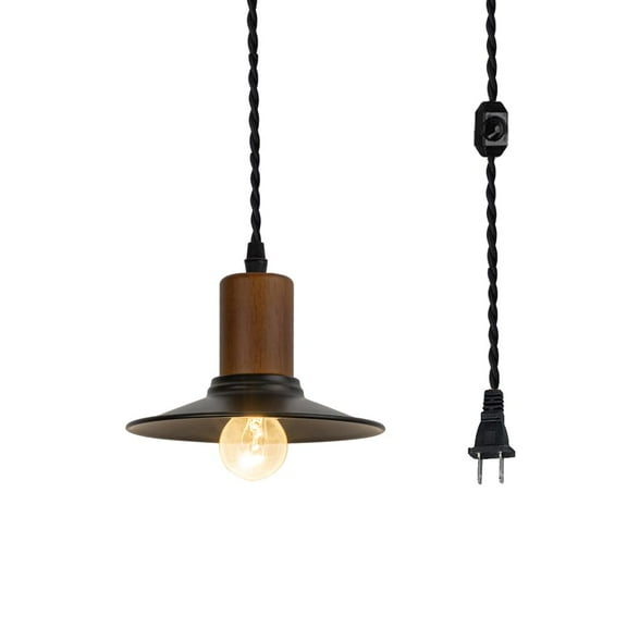 KAYYELAMP Hanging Light Walnut Base Black Metal Shade 15 Feet Plug in Cord Dimmable Pendant Lamp Vintage Design for Kitchen Island Dining Table Loft Bar(No Bulb)