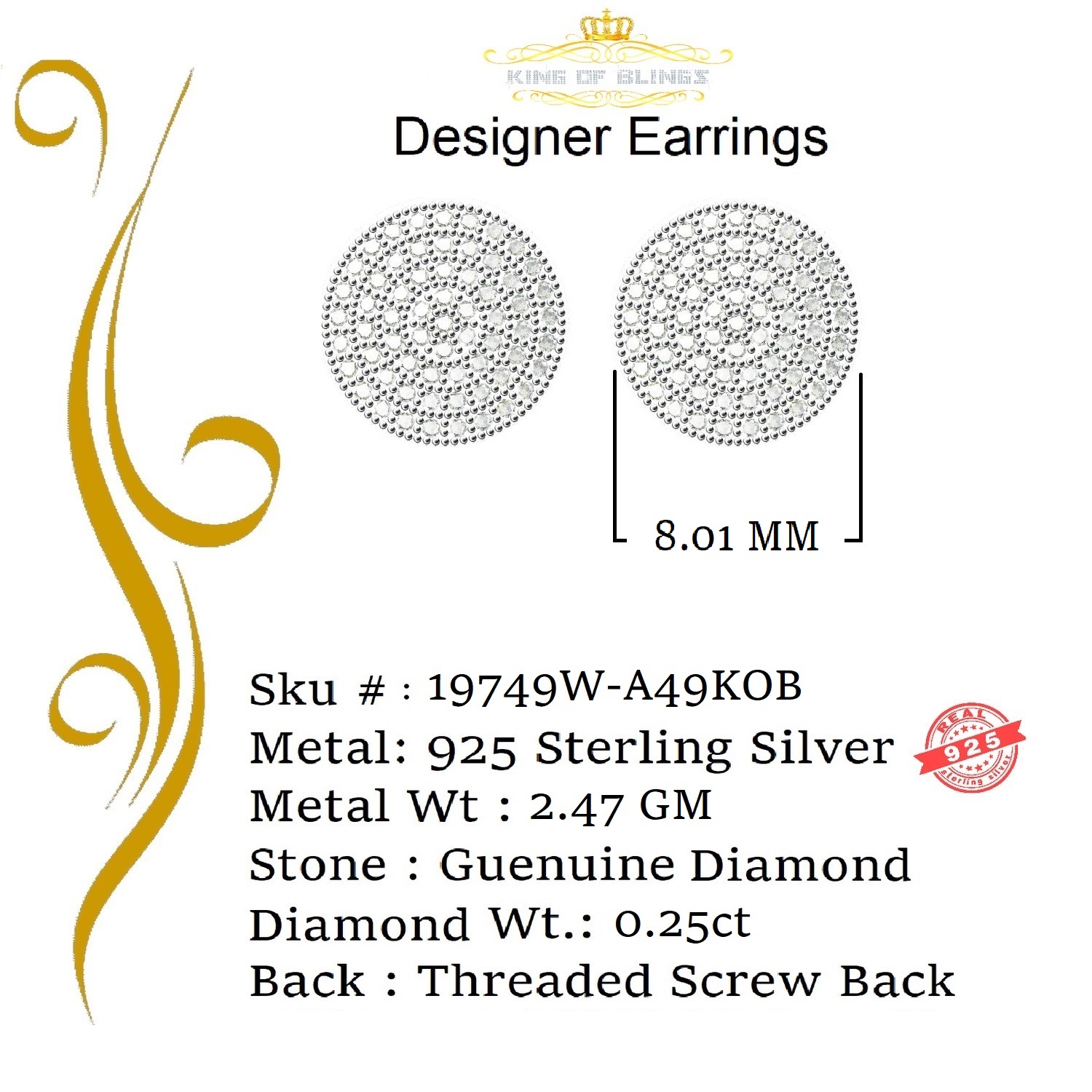 King of Bling's 925 Sterling Silver Yellow 0.25ct Diamond For Men's/Women's Stud Round Earrings
