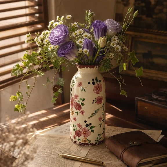 Vintage Pink Floral Ceramic Vase, 20cm Tall Crackle Glaze Flower Vase, Rustic Farmhouse Decorative Vase for Living Room, Mantel, Table Centerpiece, Cottagecore Dried Flower Vase
