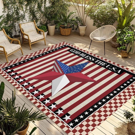 Independence Day Outdoor Rug for Patio/Deck/Porch, Non-Slip Large Area Rug 5 x 8 Ft, U.S Flag Stars Red White Striped Indoor Outdoor Rugs Washable Area Rugs, Reversible Camping Rug Carpet Runner
