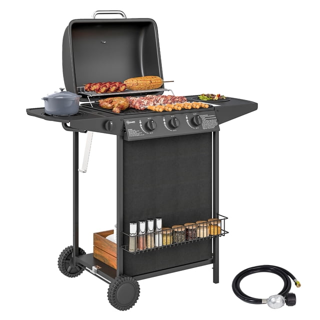 Outsunny 3+1 Burner Propane Gas BBQ Grill, Portable Gas Grill, Black