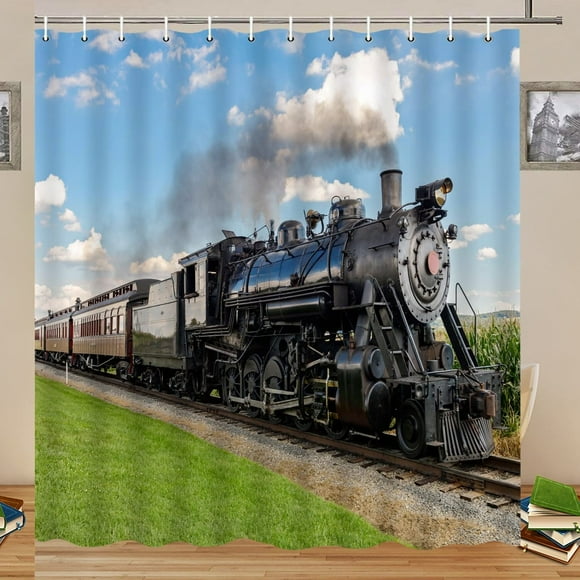 Vintage Locomotive Shower Curtain Set - Retro Train Bathroom Decor, 70x70 Inch Polyester Fabric with Hooks