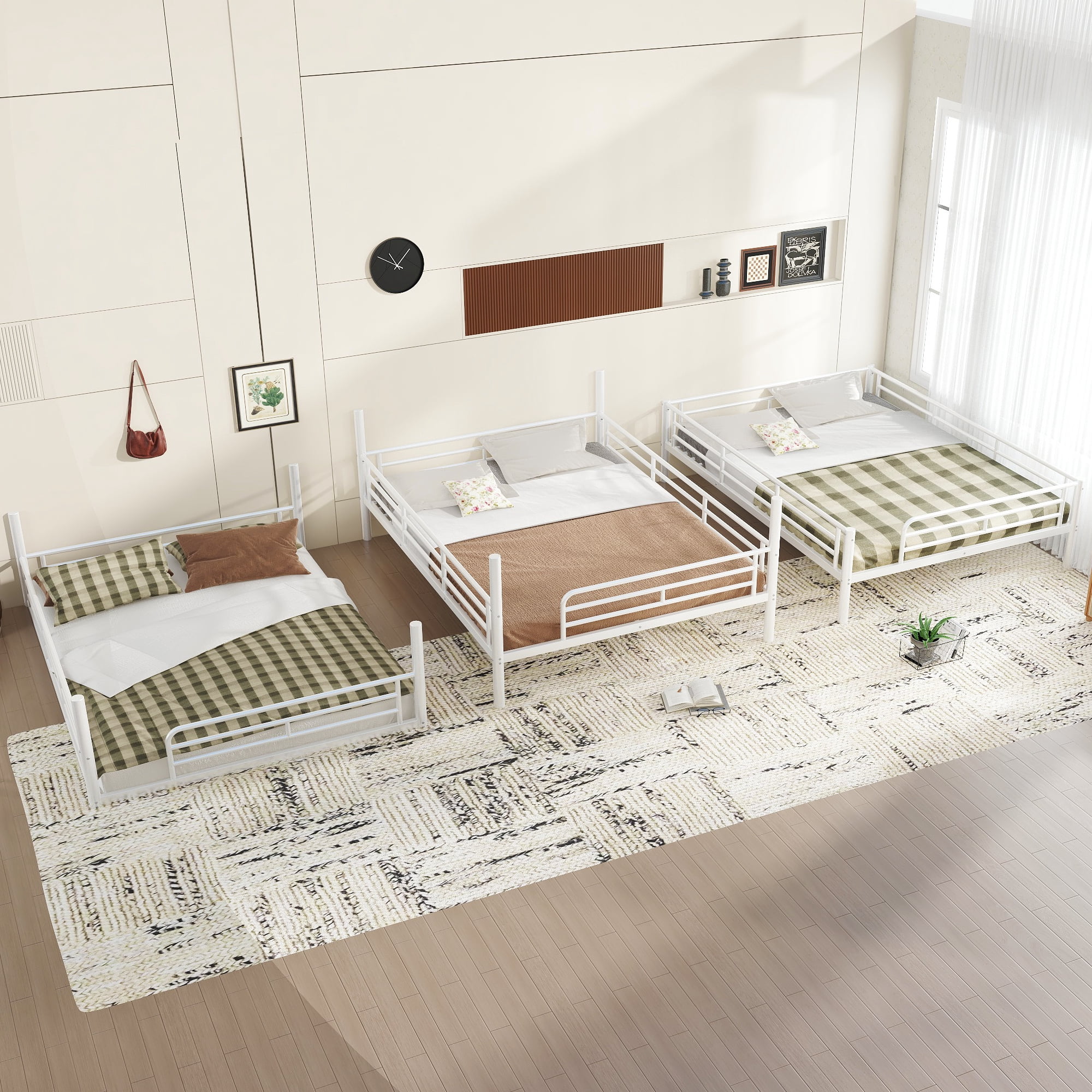 Leumius Queen over Queen over Queen Bunk Bed,Metal Triple Bunk Bed for 3 Kids/Teens,Heavy Duty Triple Bed with Guardrail and Ladder,Separates Into 3 Queen Beds,White