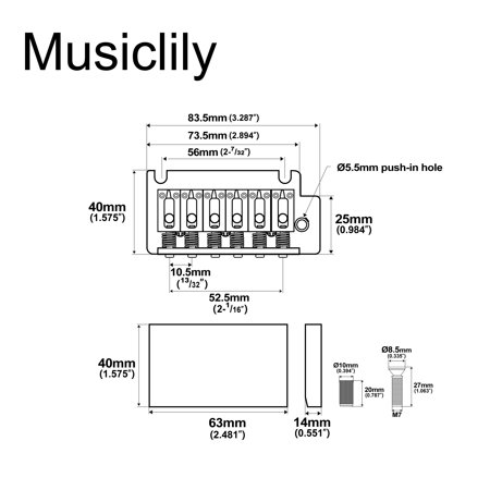 Musiclily Pro 弦ピッチ10.5mm 2点支持タイプ USAストラトギター用トレモロユニットブリッジ スチールサドルフルブロック、ブラック
