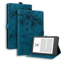 Case for Kindle Paperwhite 6 (12th Generation) 2024 7", Flower Embossed Pattern PU Leather Flip Cover with Card Slots Holder Auto Wake/Sleep Kickstand TPU Shockproof Protective Cover, Blue