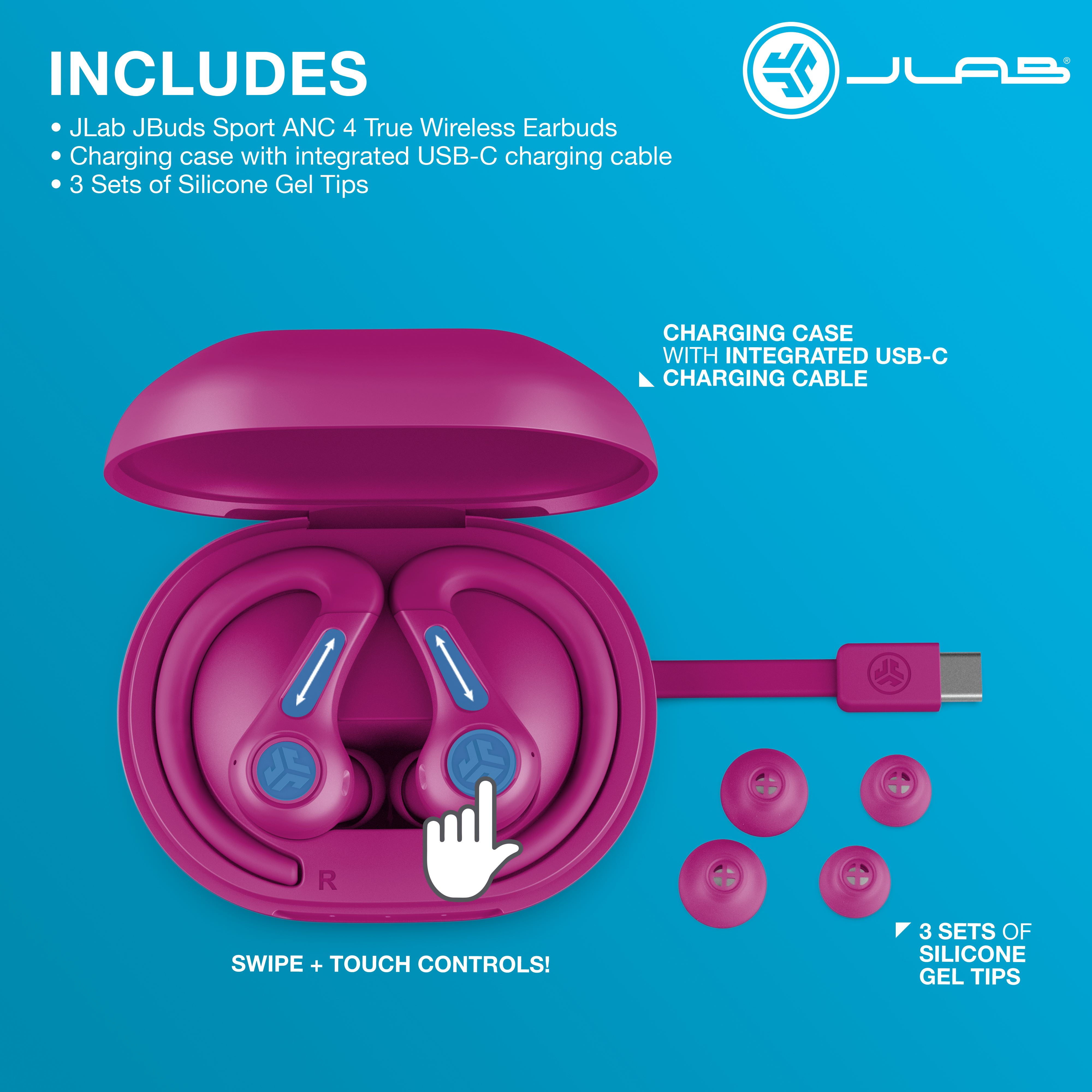 JLab JBuds Sport ANC 4 True Wireless Earbuds, Pink, Hybrid ANC, Touch Controls, Multipoint, App Customization