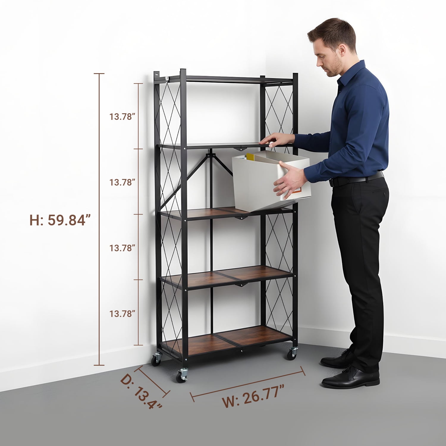 COOKCOK 5-Tier Storage Shelving Unit, Folding Bookshelf, Metal Shelf 27.9"x13.4"x62.5, Foldable Storage Shelf with Wheels, Garage Shelf, Kitchen Shelf, No Assemble Require, Black