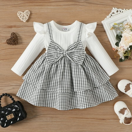 

PatPat Toddler Baby Girls Sling Bow Front Layered Dress Ribbed Long Sleeve Spliced Faux Two Plaid Swing Tutu Dress Suspender Tulle Skirt Sring Outfits Infant Girls Clothes 3-24Month