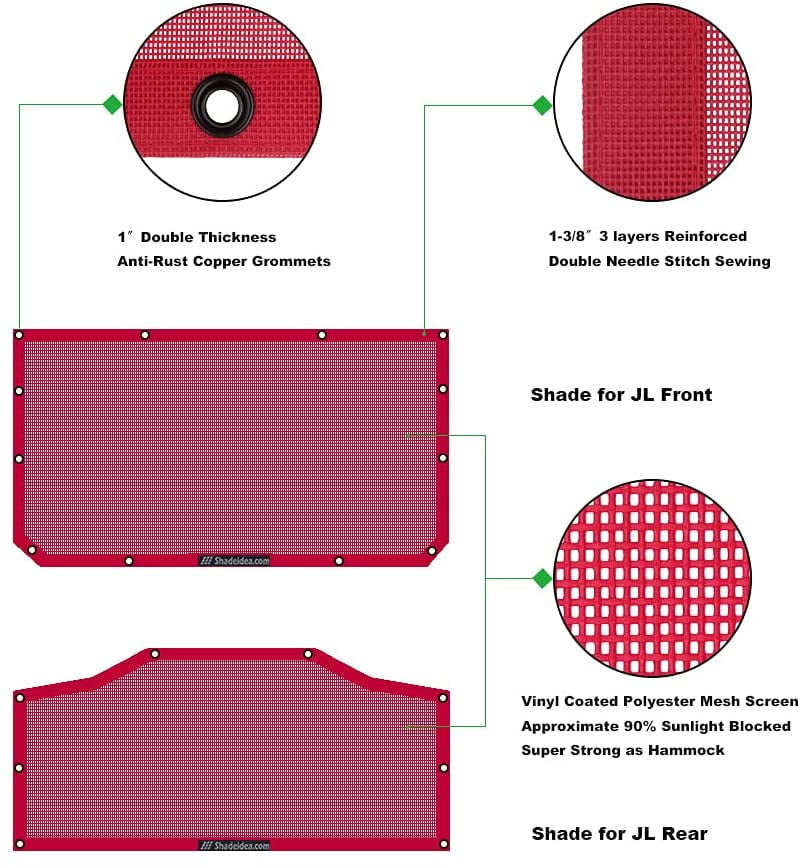 Shadeidea JL Sun Shade for Jeep Wrangler 2 Door Top Sunshade ( 2018 - Current ), Front & Rear - Cherry Red Mesh Screen Wrangler Cover, UV Blocker with Grab Bag Pouch - 10 Years Warranty