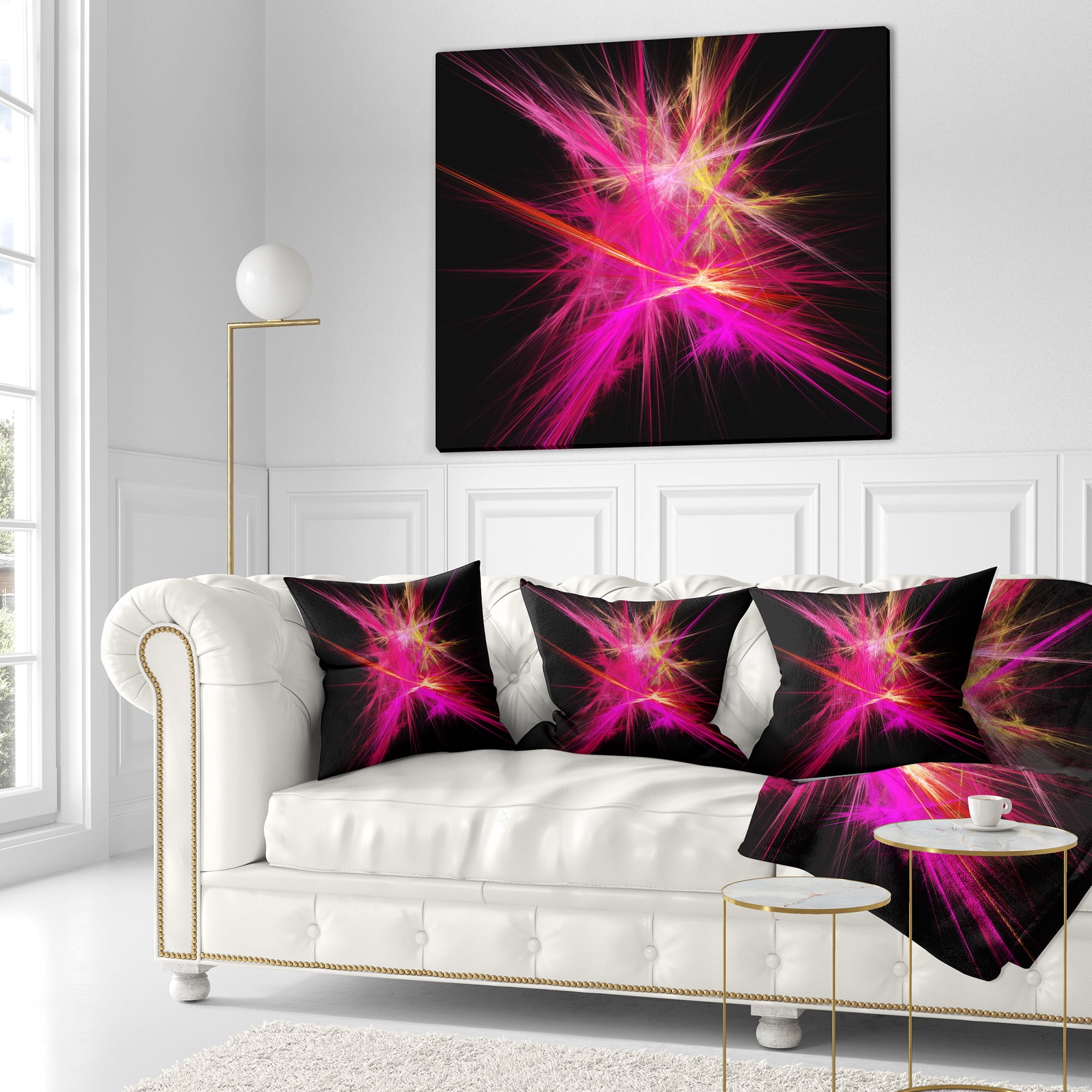 Designart Pink Fractal Chaos Multicolored Rays - Abstract Throw Pillow - 18x18