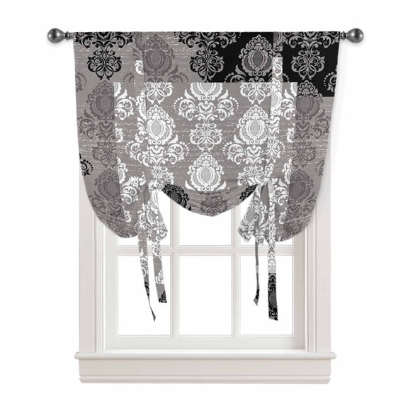 Black Grey Boho Tie Up Curtains for Kitchen Bathroom Bedroom Windows 54 Inch Length, Vintage Floral Contemporary Art Balloon Drape Curtains Shade Rod Pocket Drapery Curtain Panel, 42"x63"
