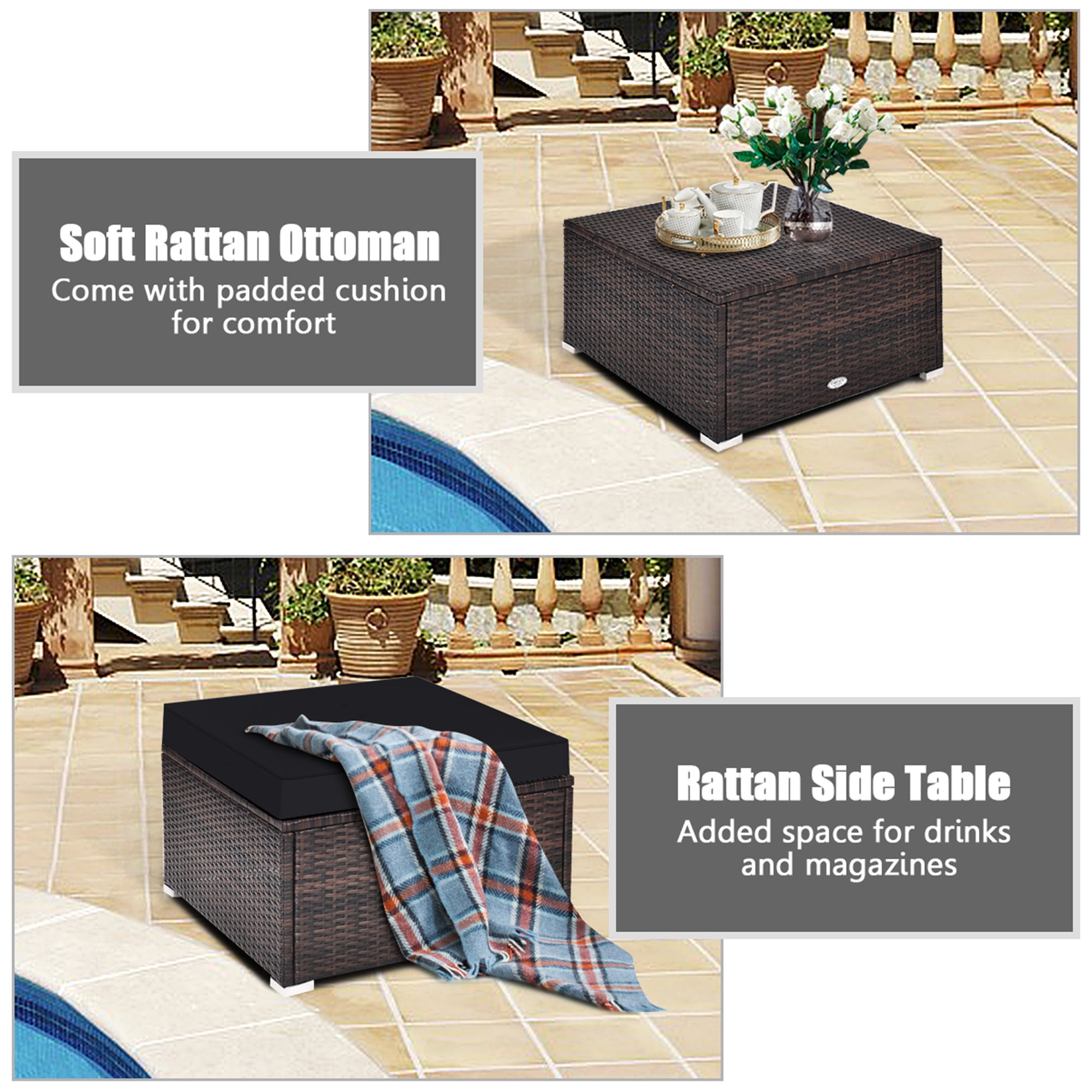 Gymax 4PCS Rattan Patio Conversation Furniture Set Yard Outdoor w/ Black Cushion
